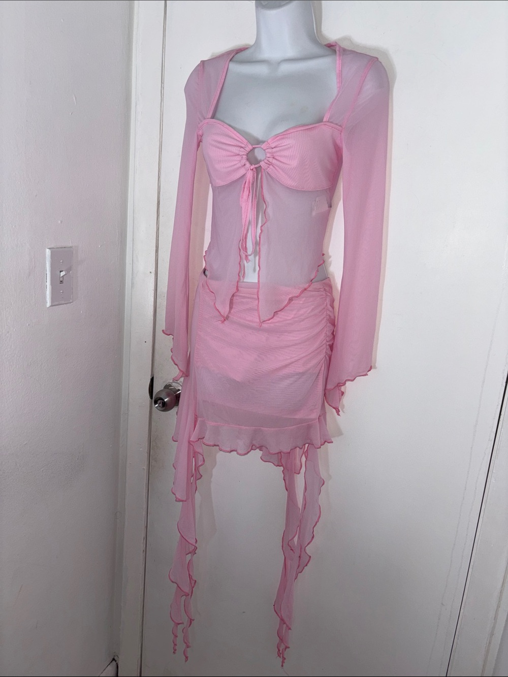 Sheer Pink Two-Piece Mesh Set with Ruffle Details